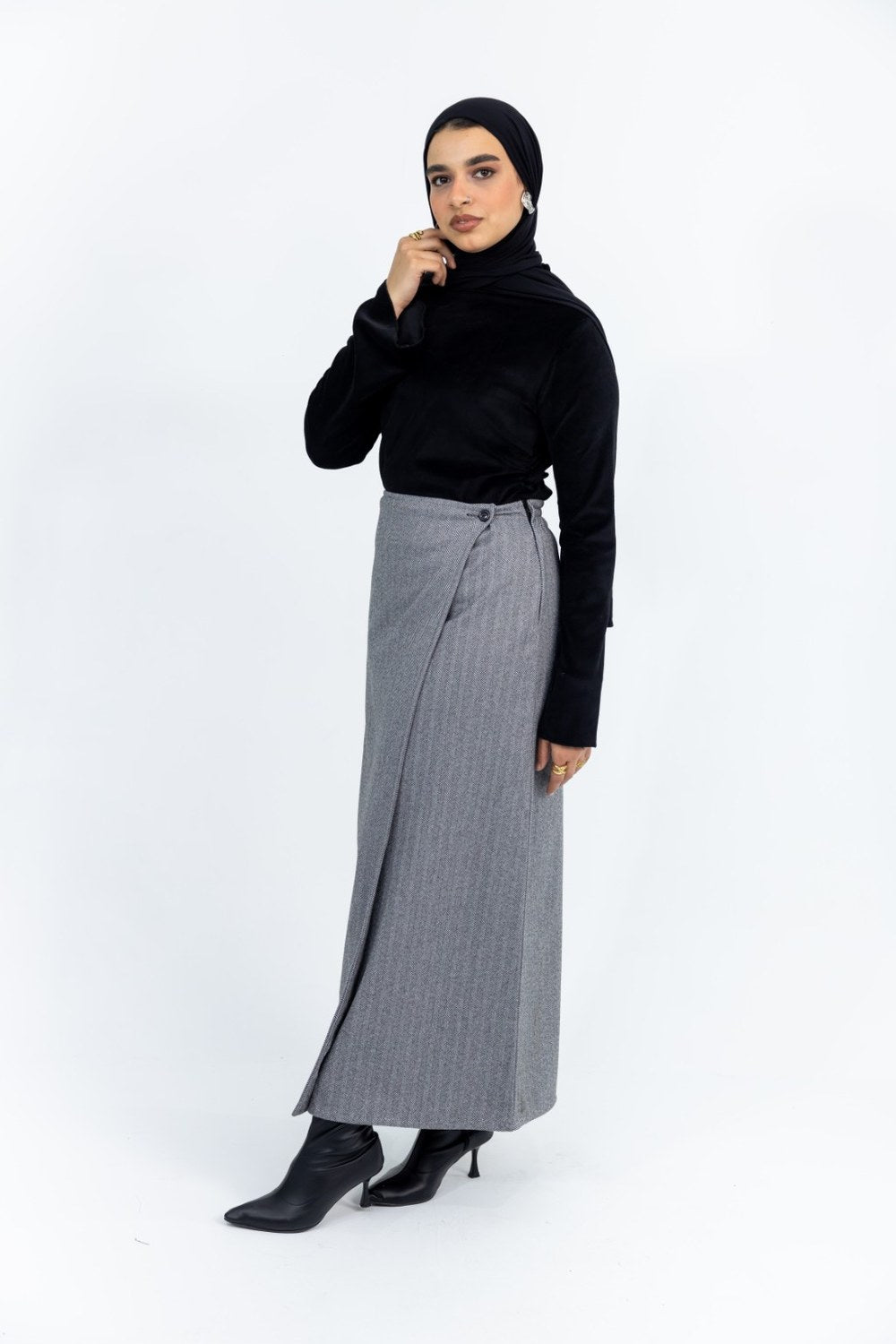 Grey Pinstripe Wrap Maxi Skirt