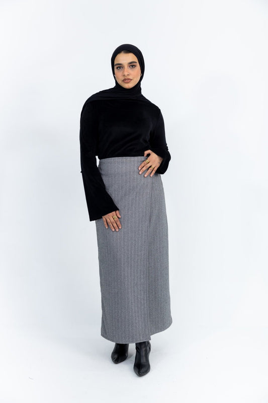 Grey Pinstripe Wrap Maxi Skirt